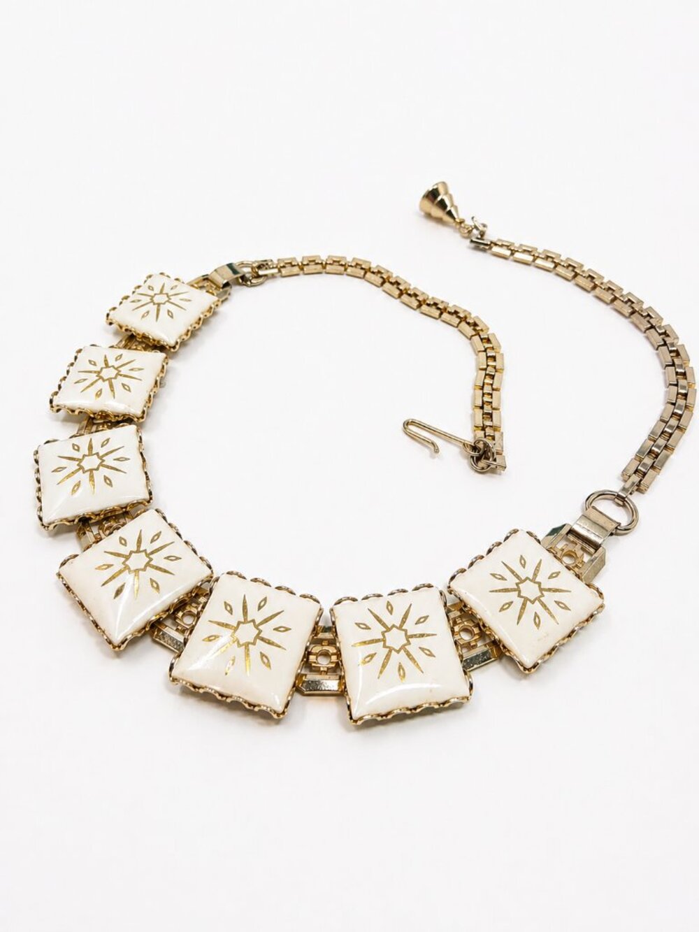 Vintage MCM Atomic Starburst Porcelain Panel Gold Tone Statement Necklace